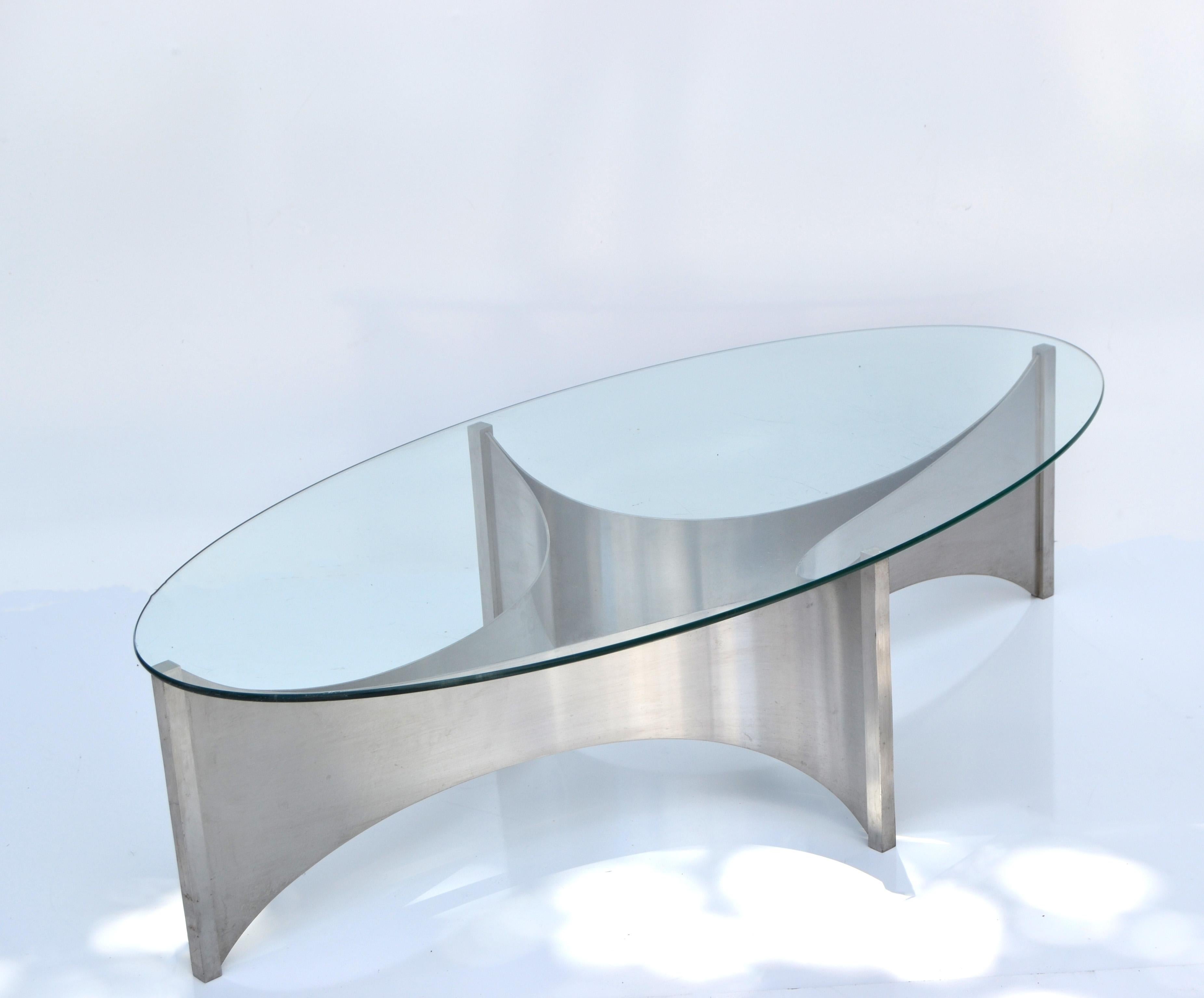 French Maison Charles et Fils 'Voiles' Brushed Stainless Steel Coffee Table France 1980