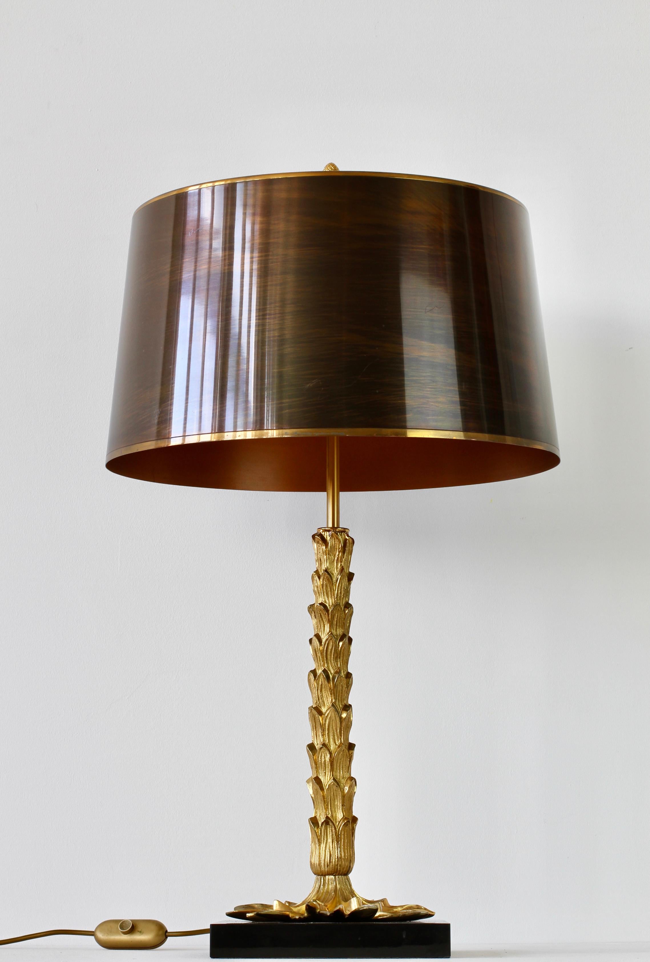 Jean Charles for Maison Charles exceptionally rare and very large tall gold-plated cast brass/bronze table lamp with original brass & bronze metal shade. This is an early example which is mounted on a marble base - the later models where set on
