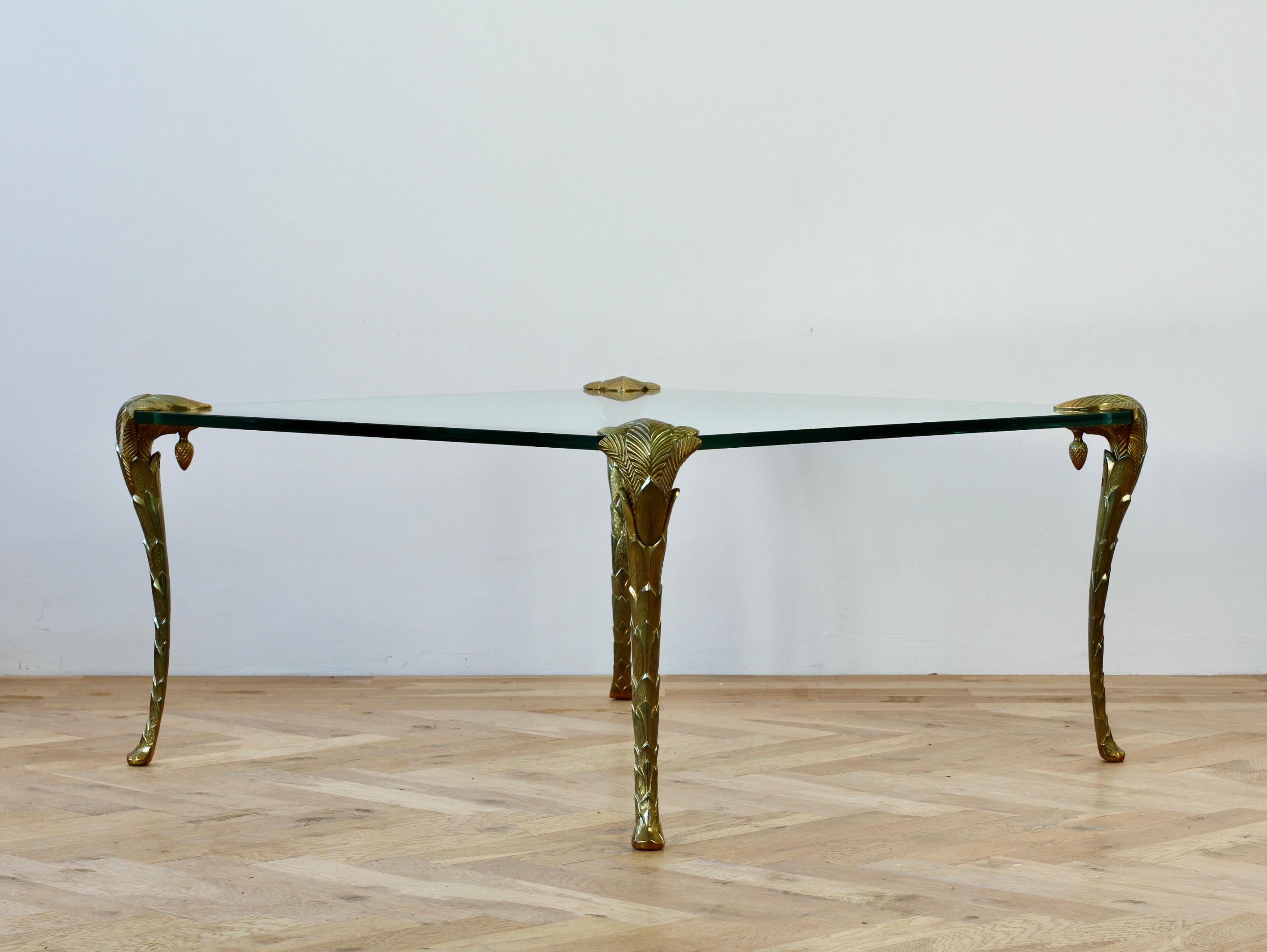 Charles for Maison Charles exceptionally rare 'Palme Pieds' (Palm legs), large gold-plated cast brass/bronze French coffee / center / side table. This is an early example which has the 'pine cone' finals to tighten the legs to the glass table top -