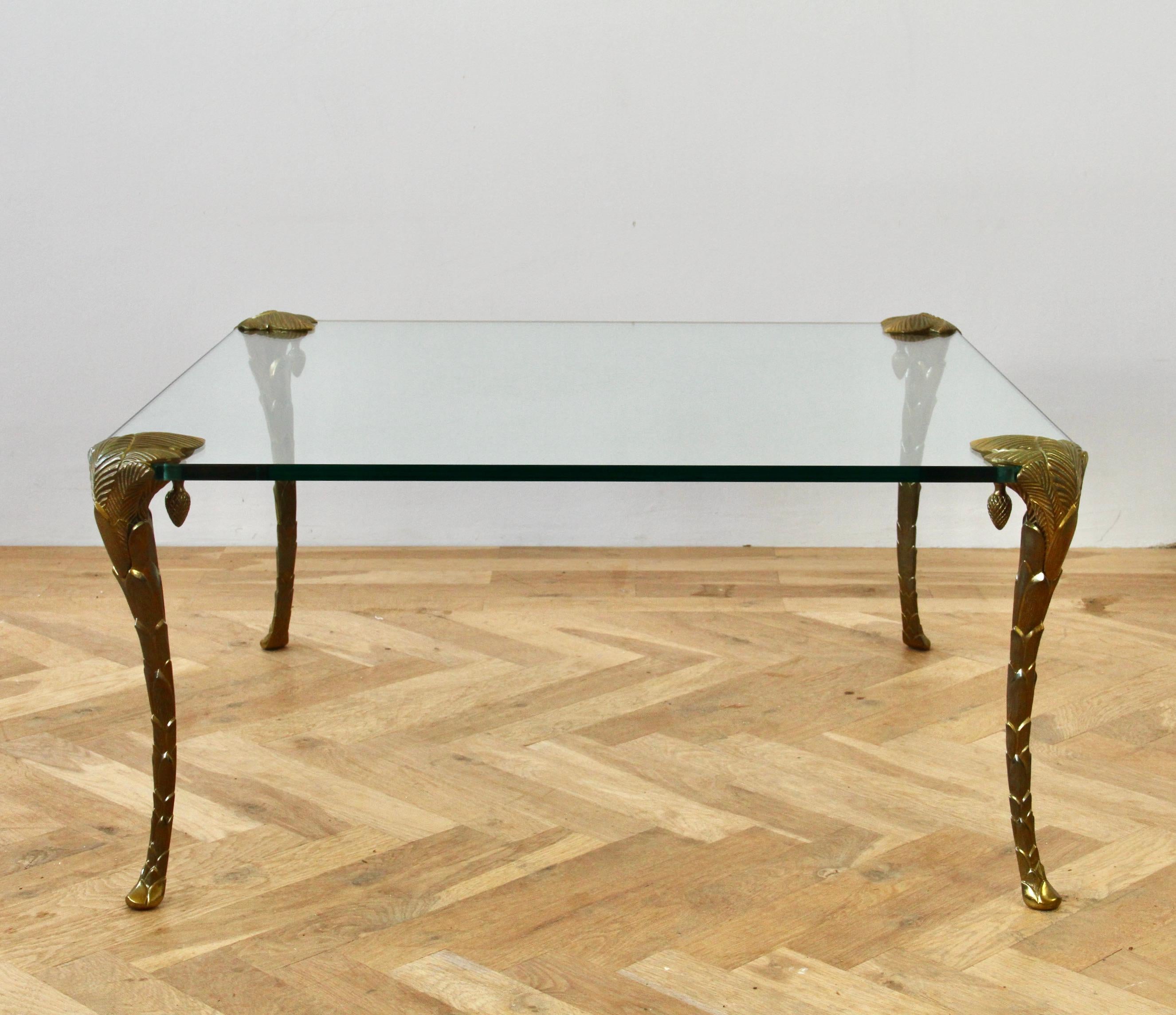Metal Maison Charles Extremely Rare Gold Plated Bronze Palm Leaf Coffee Center Table For Sale