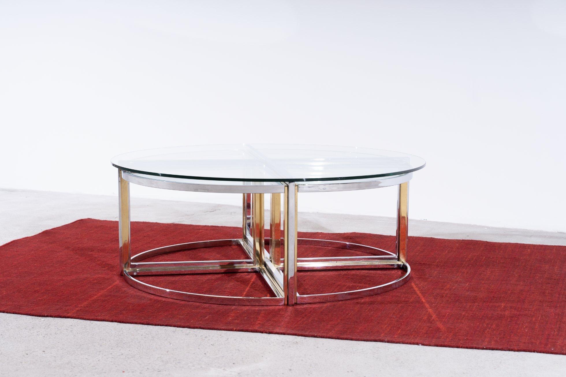 French Maison Charles France Round Coffee Table with Nesting Tables Brass Chrome For Sale