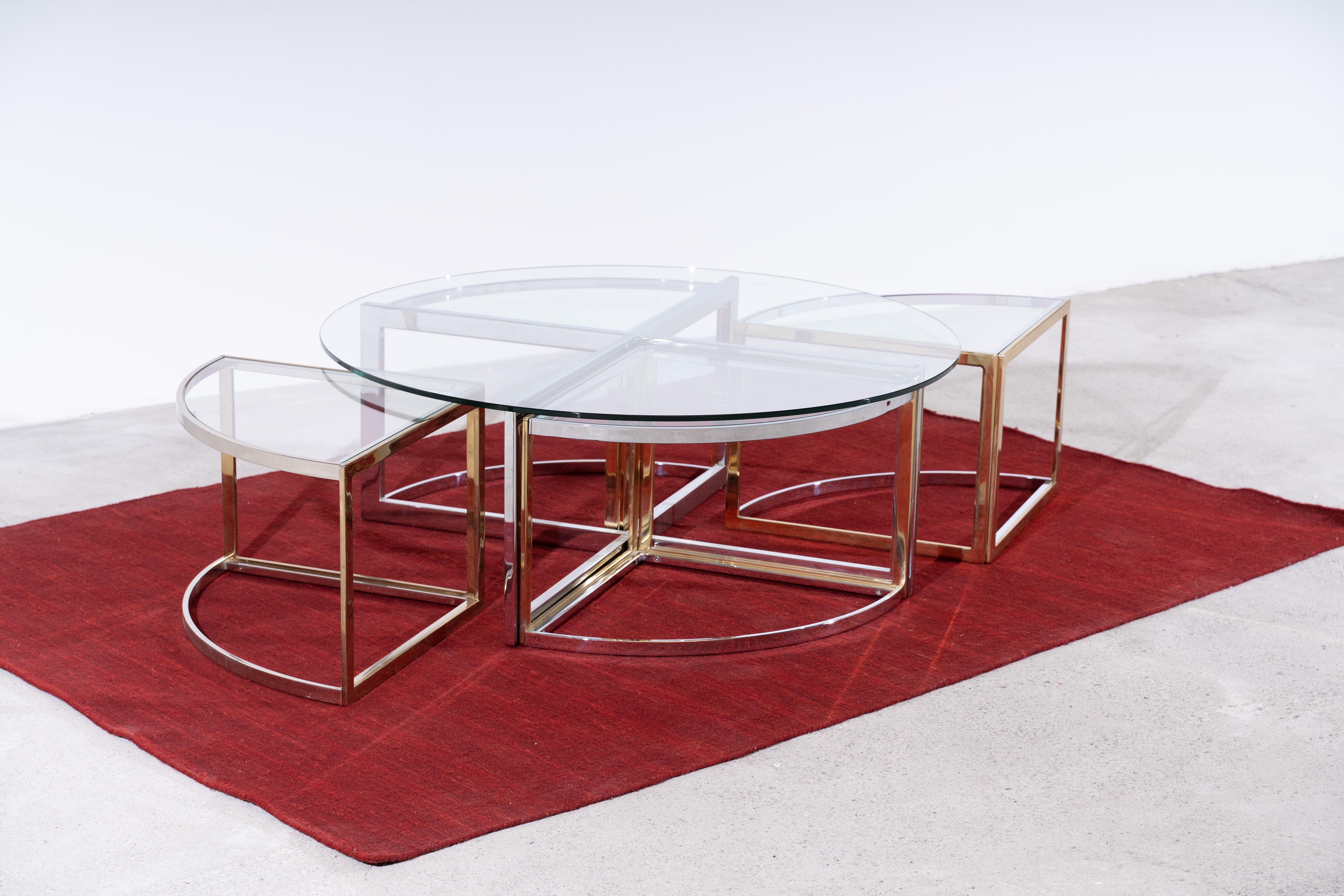 20th Century Maison Charles France Round Coffee Table with Nesting Tables Brass Chrome For Sale