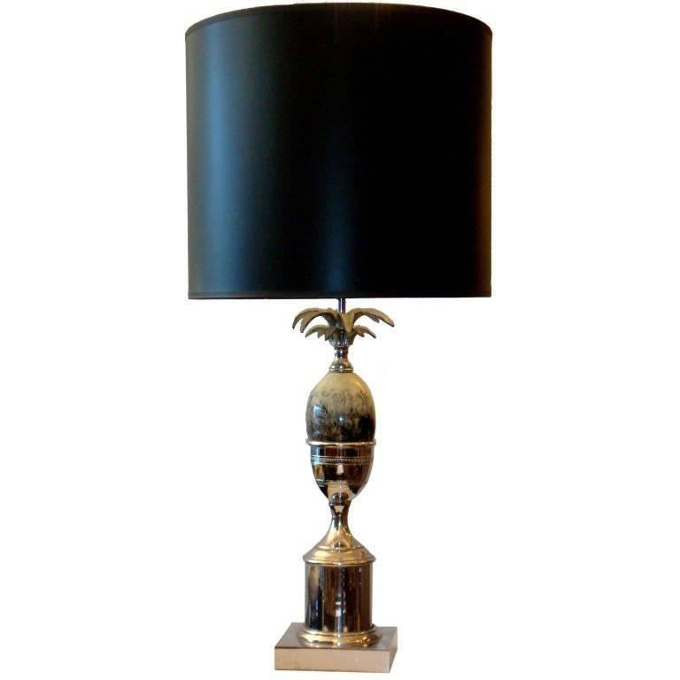 Superb Art Deco Table Lamp by Maison Charles nickel-plated finish with Gray & White Acorn in the Center.
US Rewiring and takes two light bulbs max. 40 watts.

