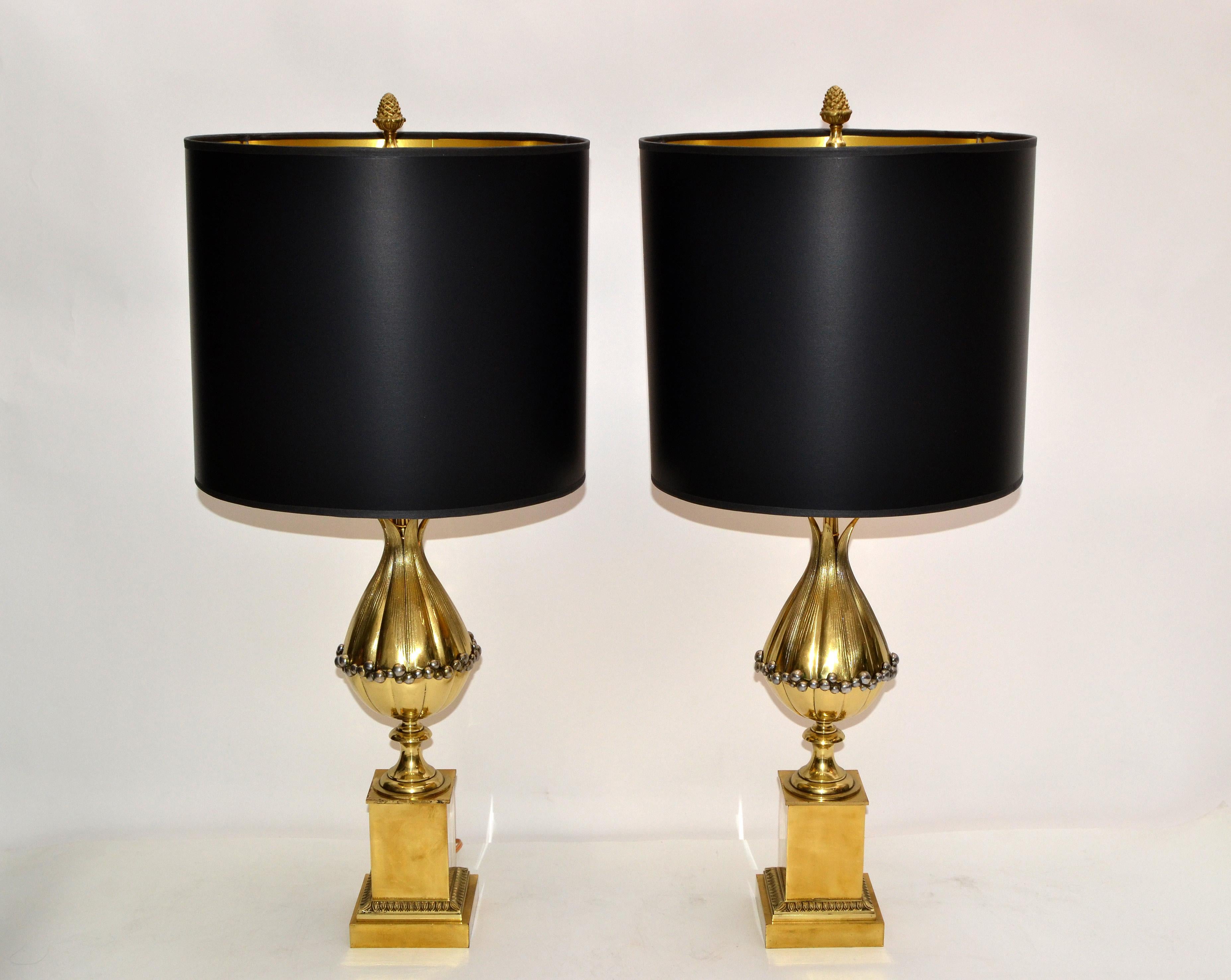 Maison Charles French Art Deco Lotus Bronze Table Lamp Black & Gold Shade, Pair For Sale 7