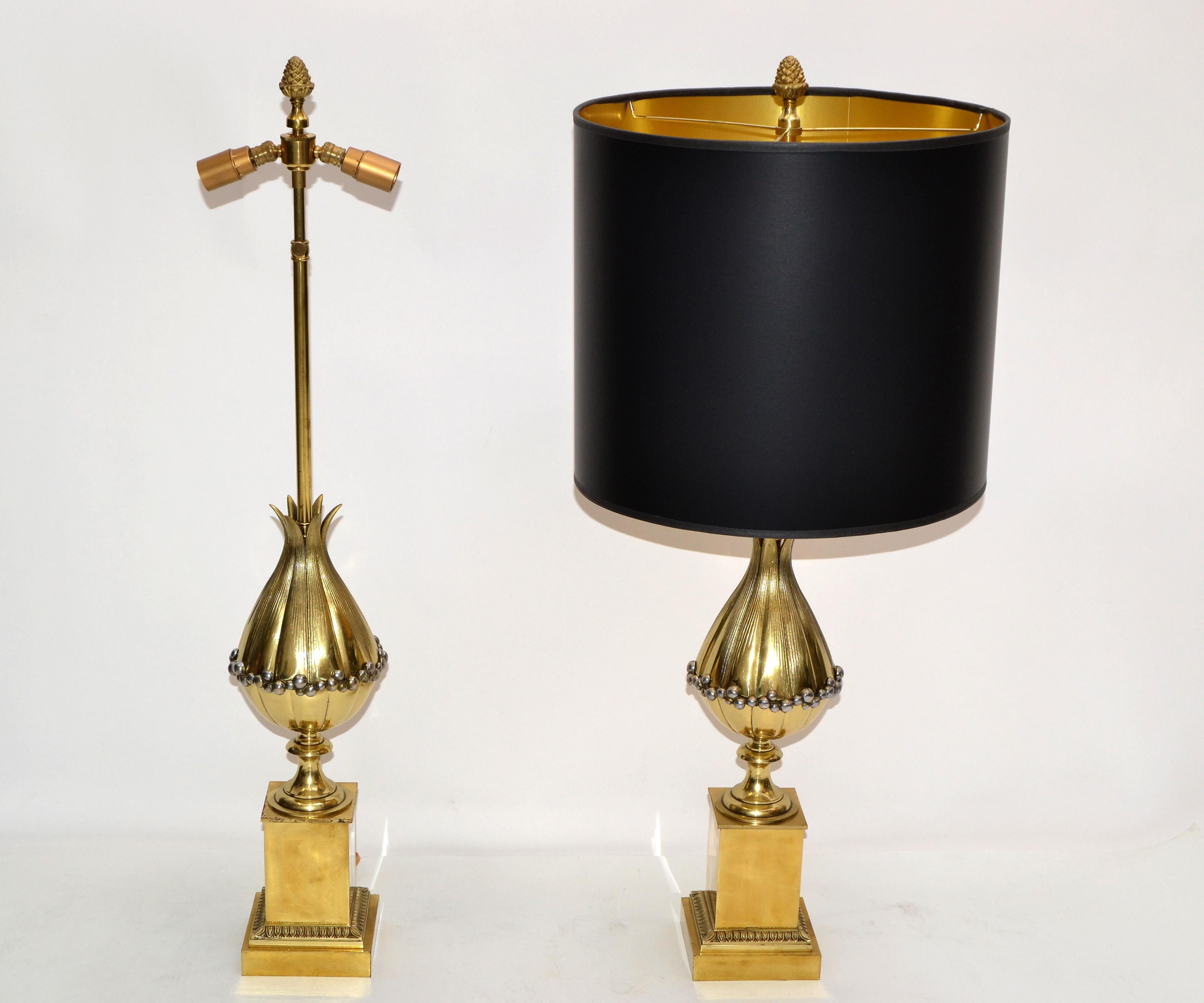 Maison Charles French Art Deco Lotus Bronze Table Lamp Black & Gold Shade, Pair For Sale 8