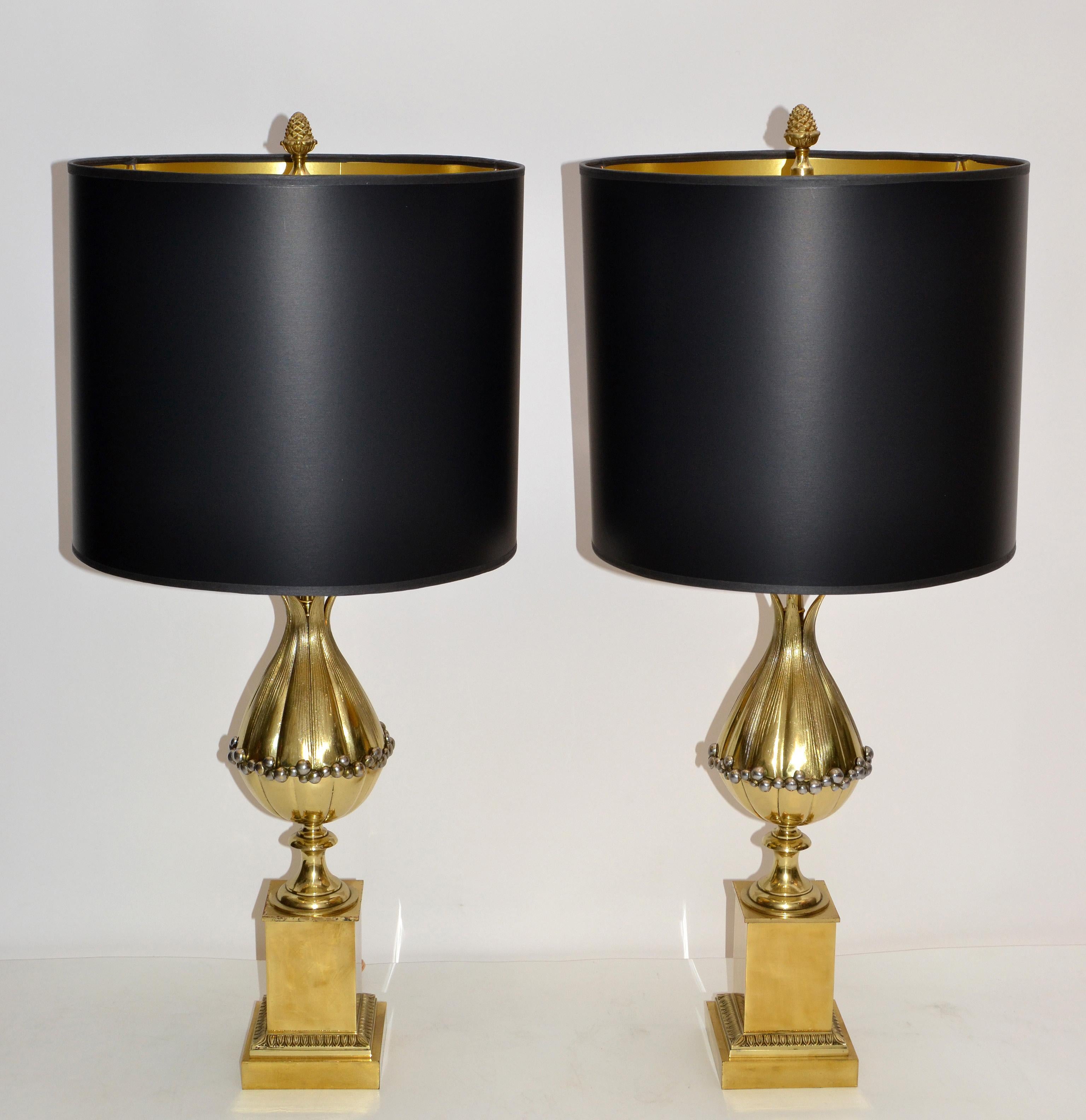 Maison Charles French Art Deco Lotus Bronze Table Lamp Black & Gold Shade, Pair For Sale 12