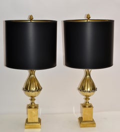 Maison Charles French Art Deco Lotus Bronze Table Lamp Black & Gold Shade, Pair