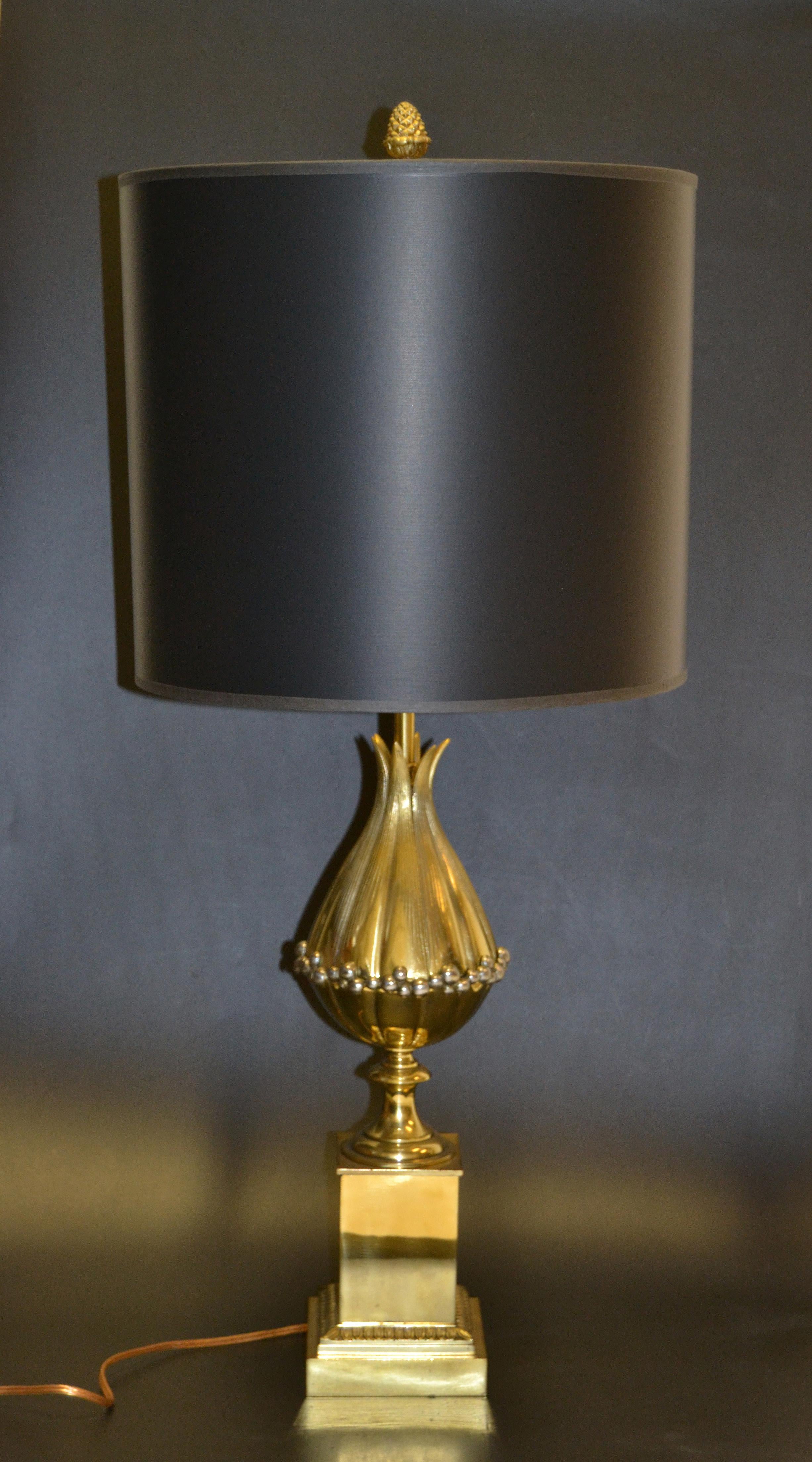 Patinated Maison Charles French Art Deco Lotus Bronze Table Lamp Black & Gold Shade, Pair For Sale