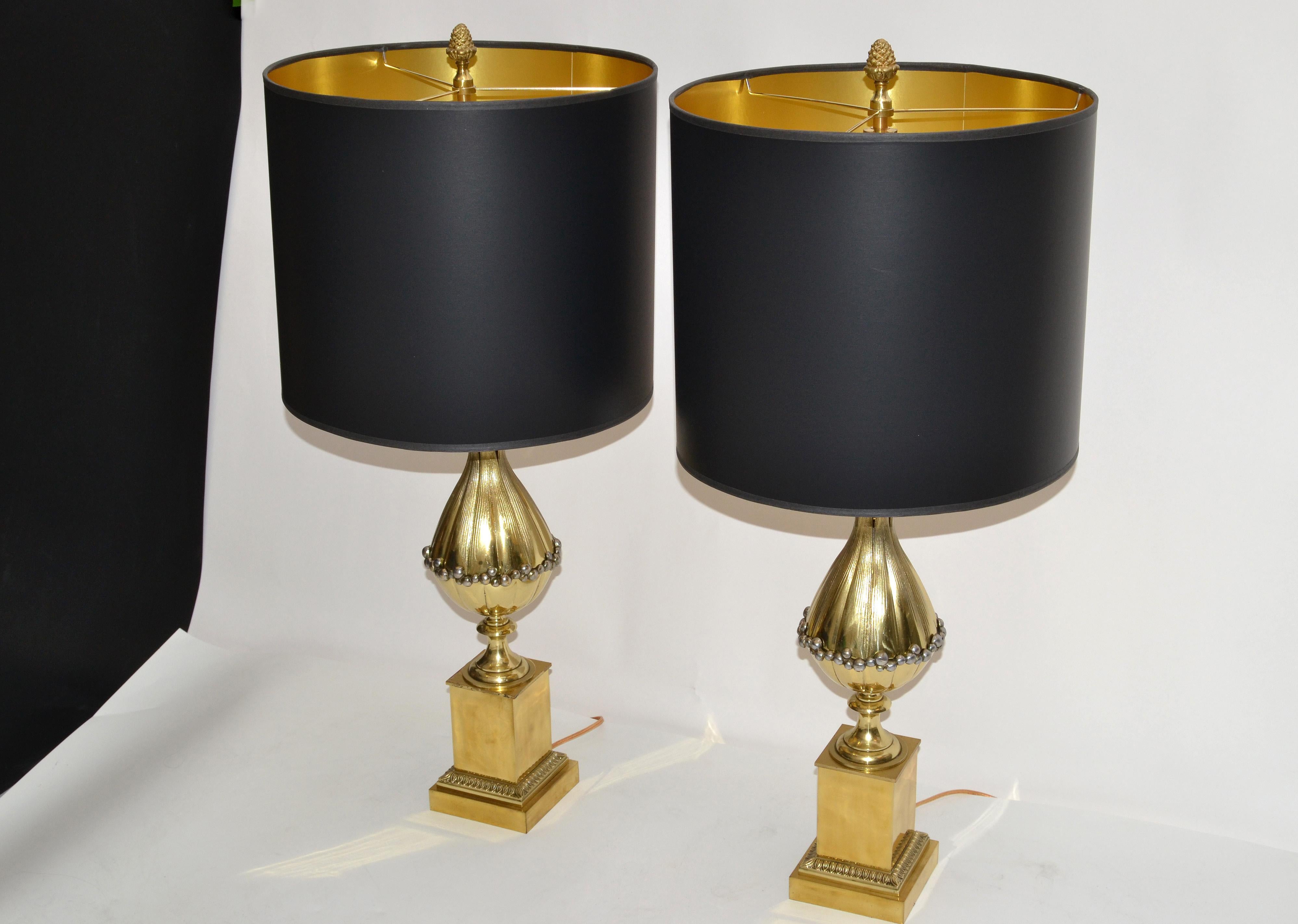 Maison Charles French Art Deco Lotus Bronze Table Lamp Black & Gold Shade, Pair In Good Condition For Sale In Miami, FL
