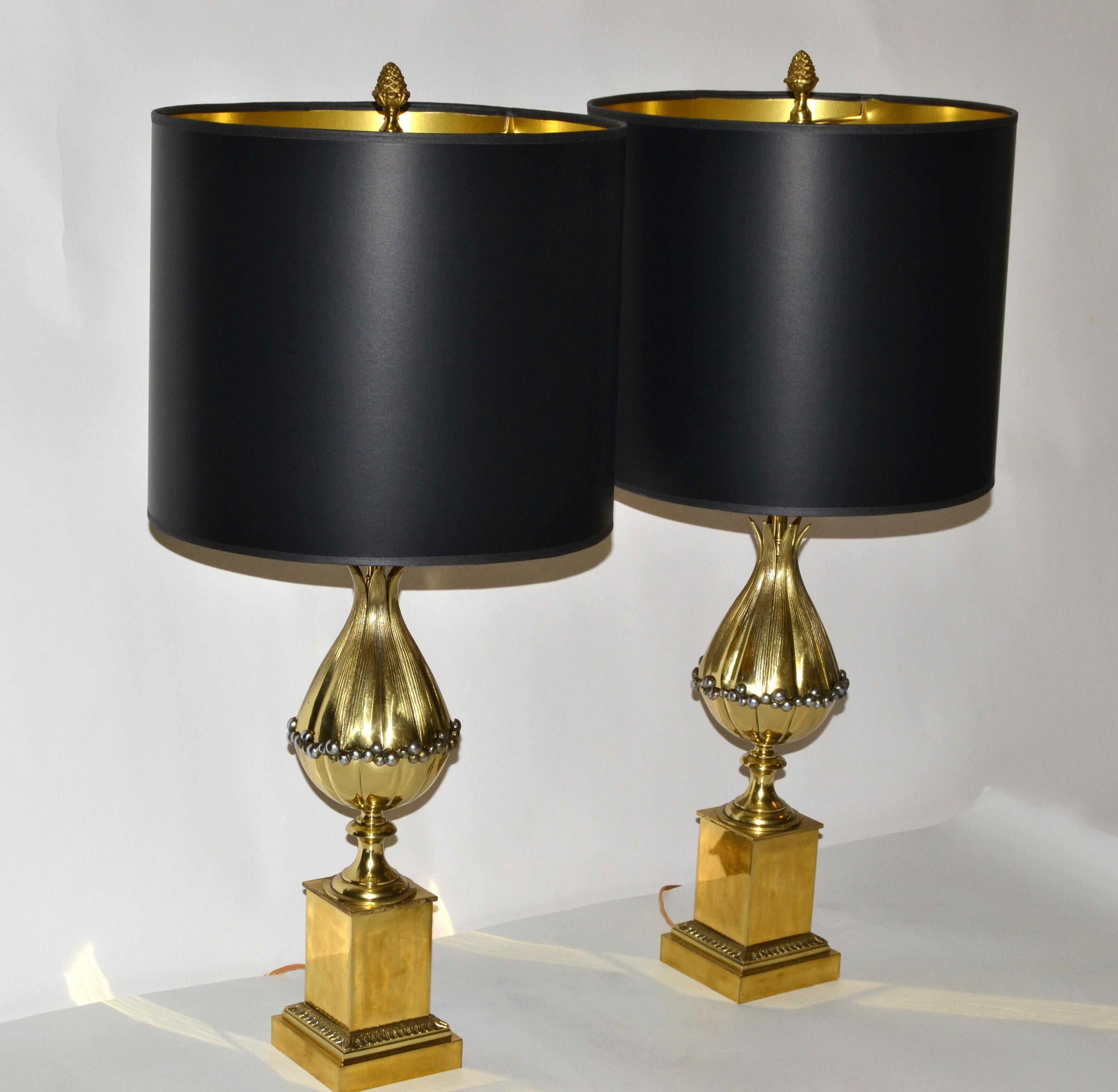 Mid-20th Century Maison Charles French Art Deco Lotus Bronze Table Lamp Black & Gold Shade, Pair For Sale