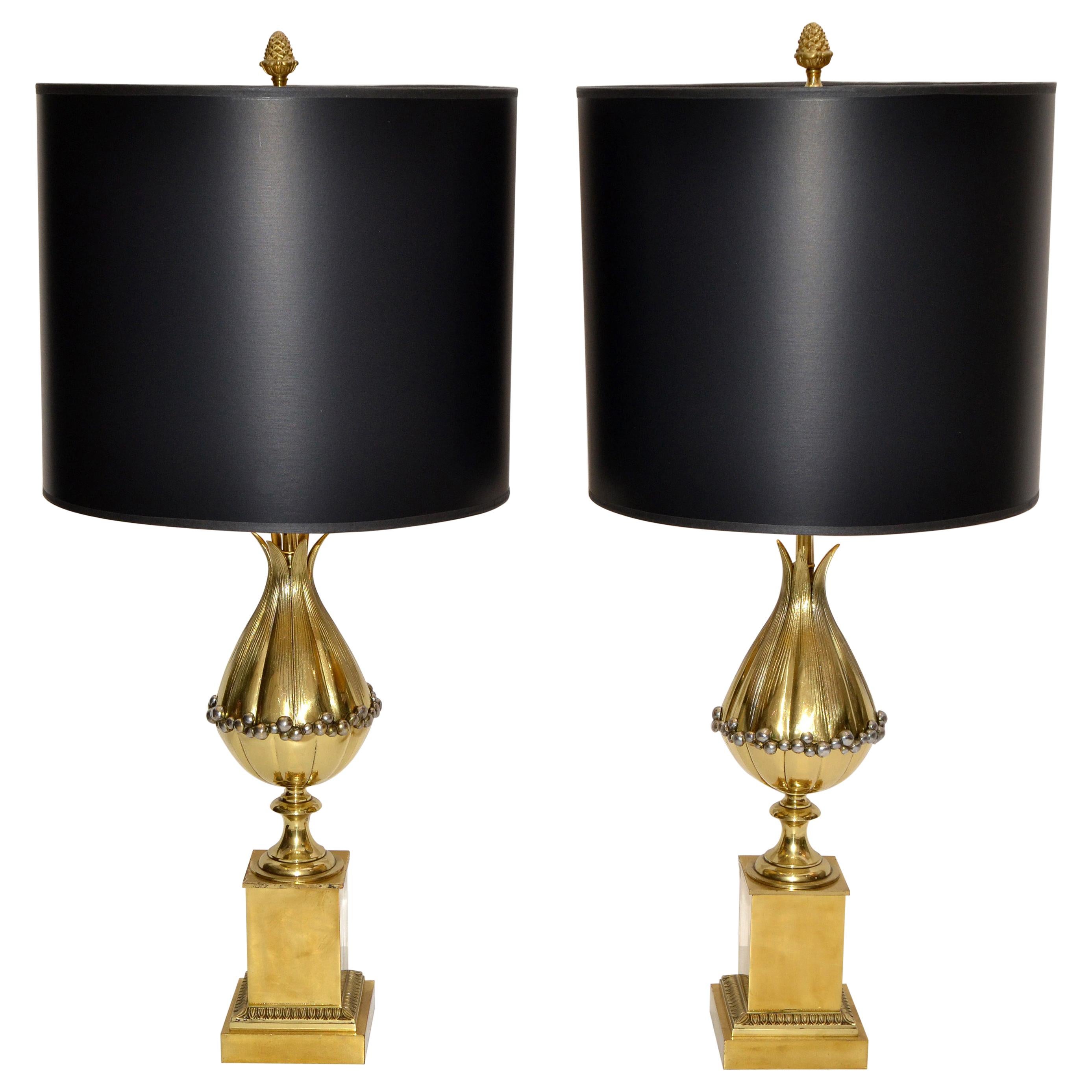 Maison Charles French Art Deco Lotus Bronze Table Lamp Black & Gold Shade, Pair