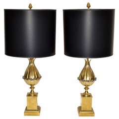 Vintage Maison Charles French Art Deco Lotus Bronze Table Lamp Black & Gold Shade, Pair