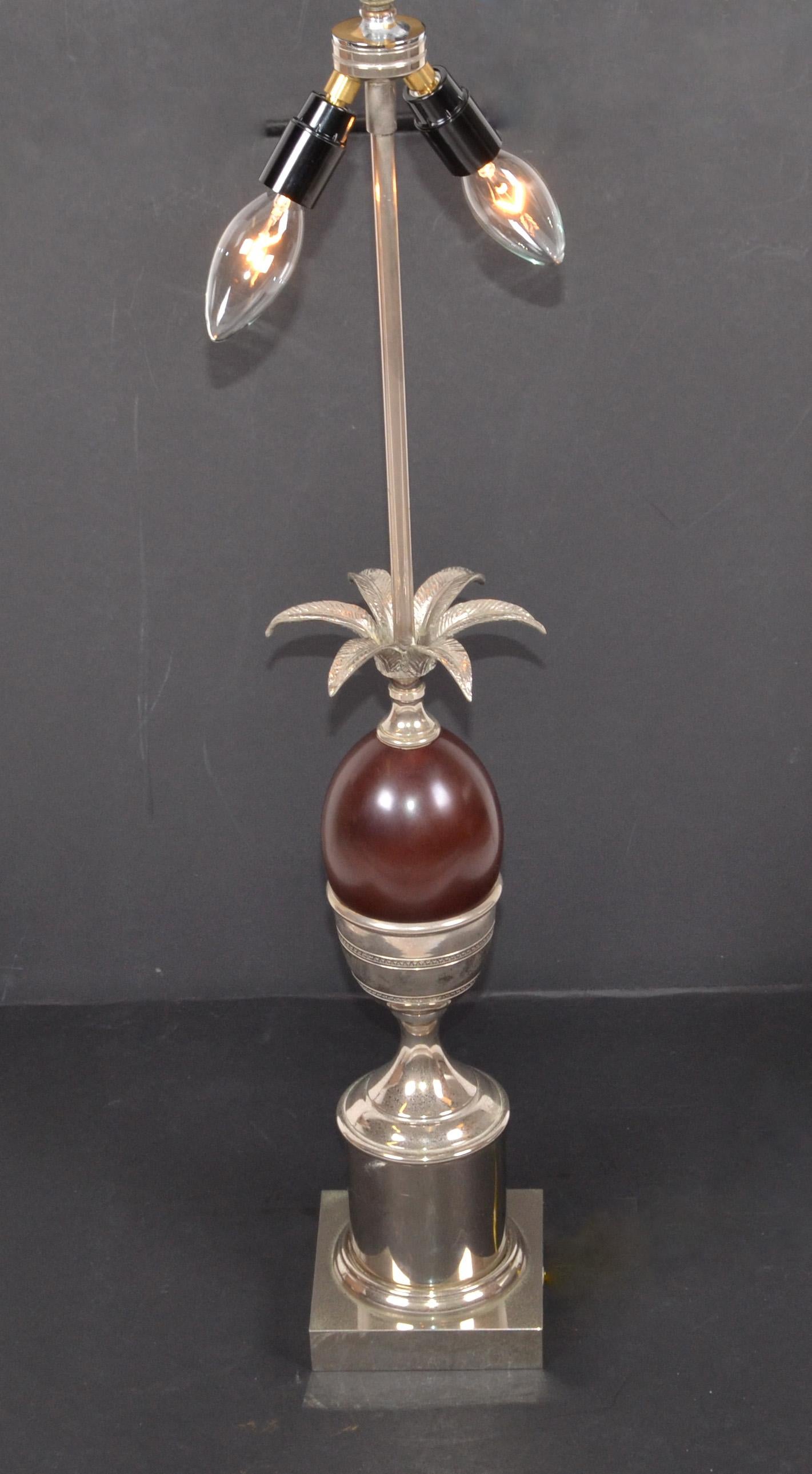 Maison Charles French Art Deco Red Acorn Nickel-Plated Table Lamp & Shade, 1950s For Sale 3