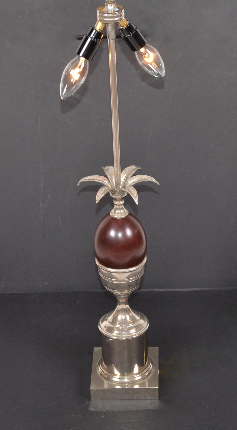 Maison Charles French Art Deco Red Acorn Nickel-Plated Table Lamp & Shade, 1950s For Sale 4