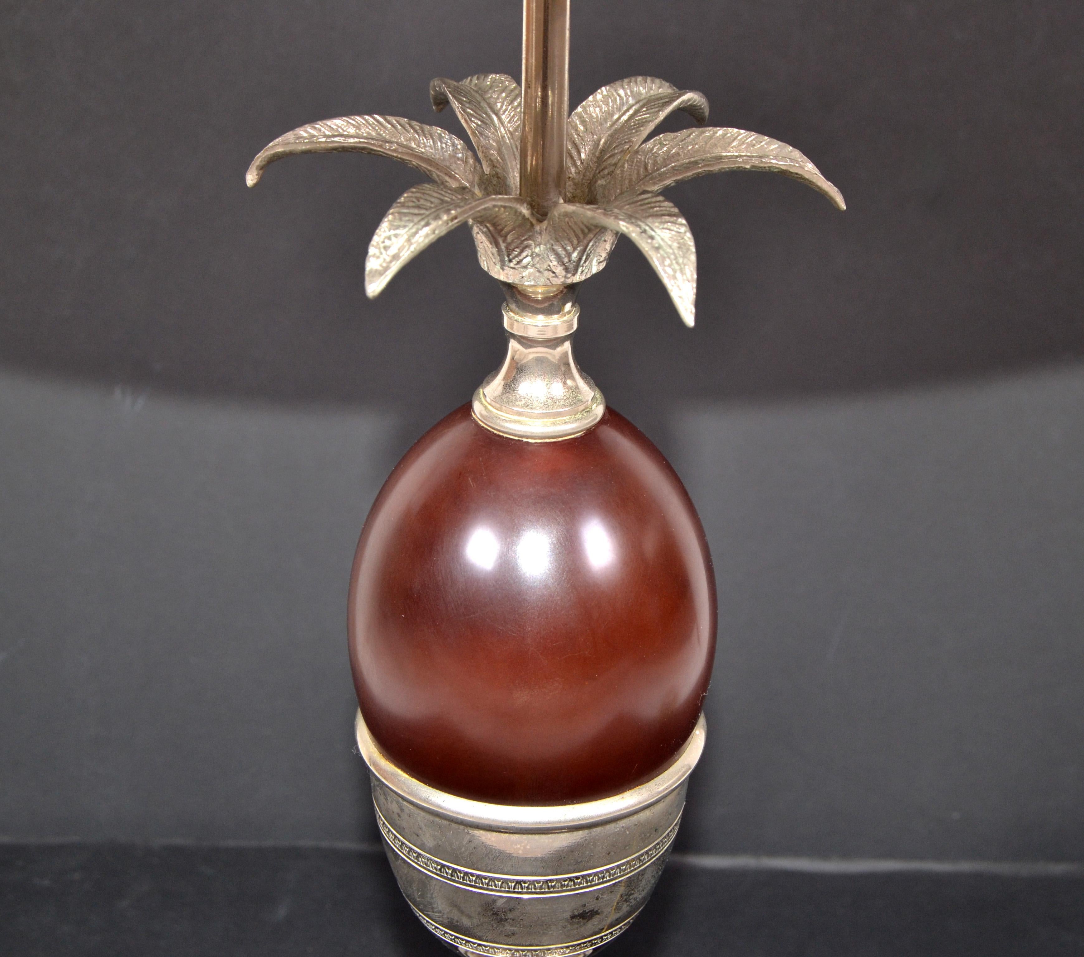 Maison Charles French Art Deco Red Acorn Nickel-Plated Table Lamp & Shade, 1950s In Good Condition For Sale In Miami, FL