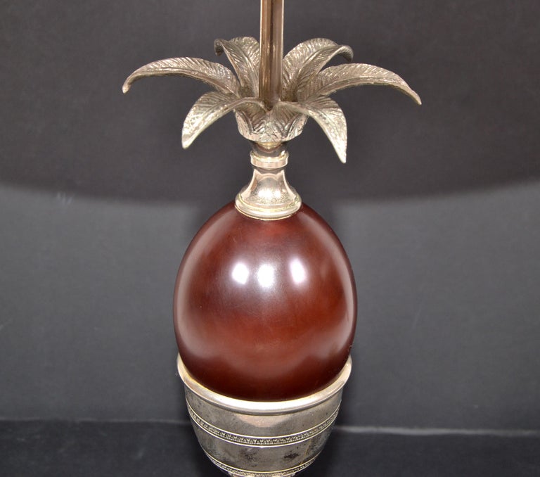 Mid-20th Century Maison Charles French Art Deco Red Acorn Nickel-Plated Table Lamp & Shade, 1950s For Sale