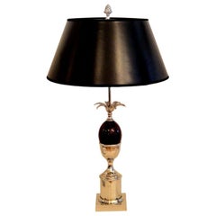 Maison Charles French Art Deco Red Acorn Nickel-Plated Table Lamp & Shade, 1950s