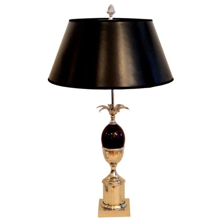 Maison Charles French Art Deco Red Acorn Nickel-Plated Table Lamp & Shade, 1950s For Sale