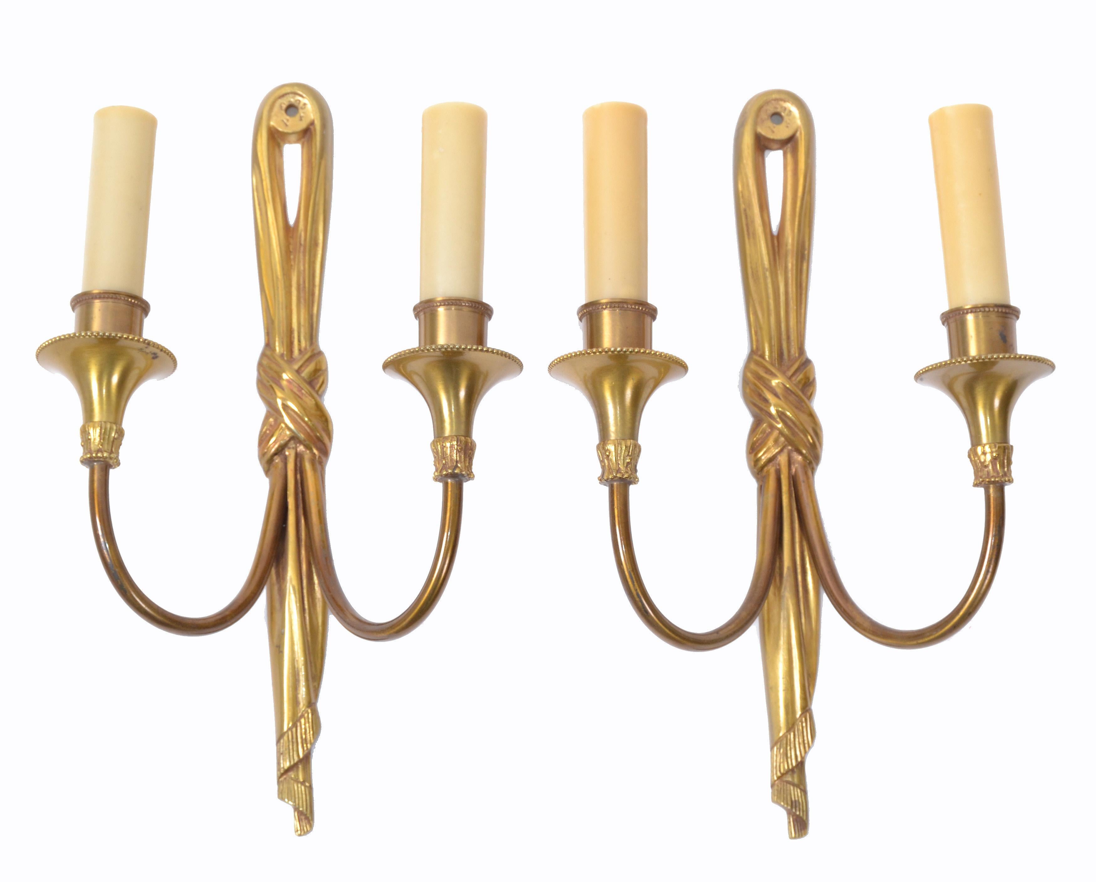 Mid-Century Modern Maison Charles French Bronze Drapes Sconces France 1950s, 2 Pair Available