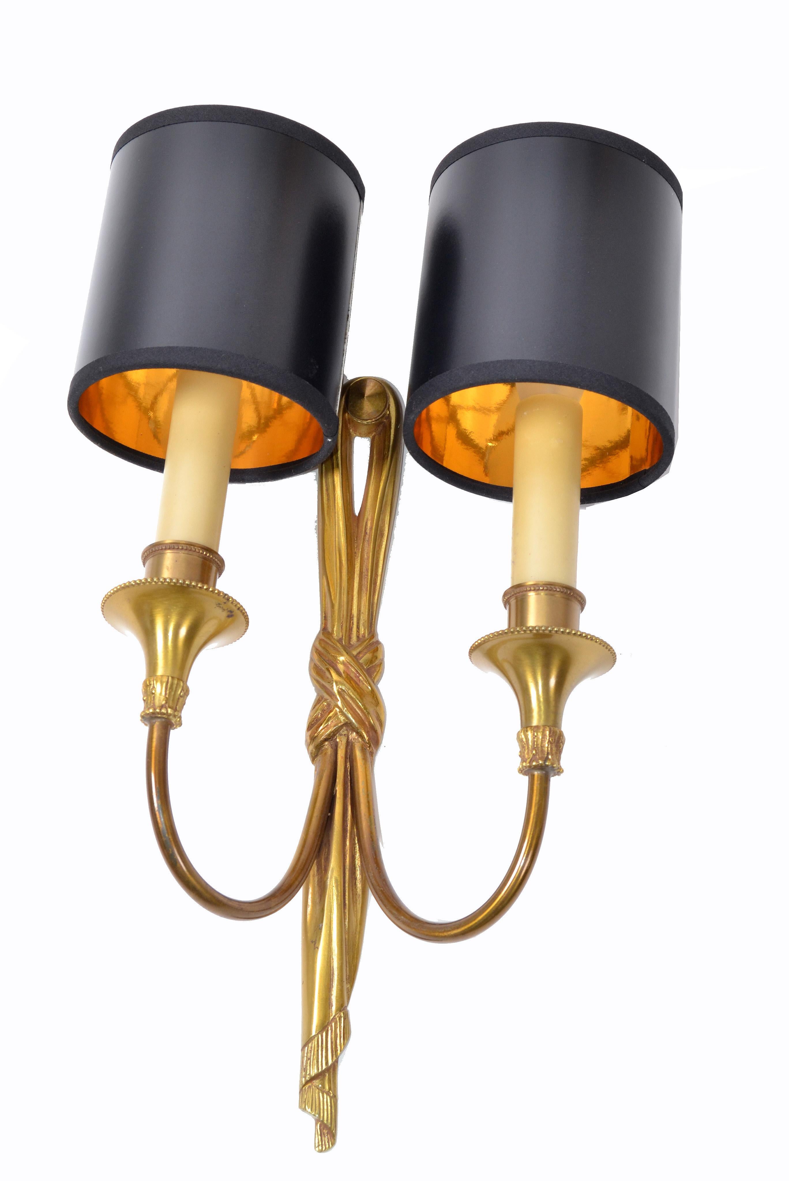 Hand-Crafted Maison Charles French Bronze Drapes Sconces France 1950s, 2 Pair Available