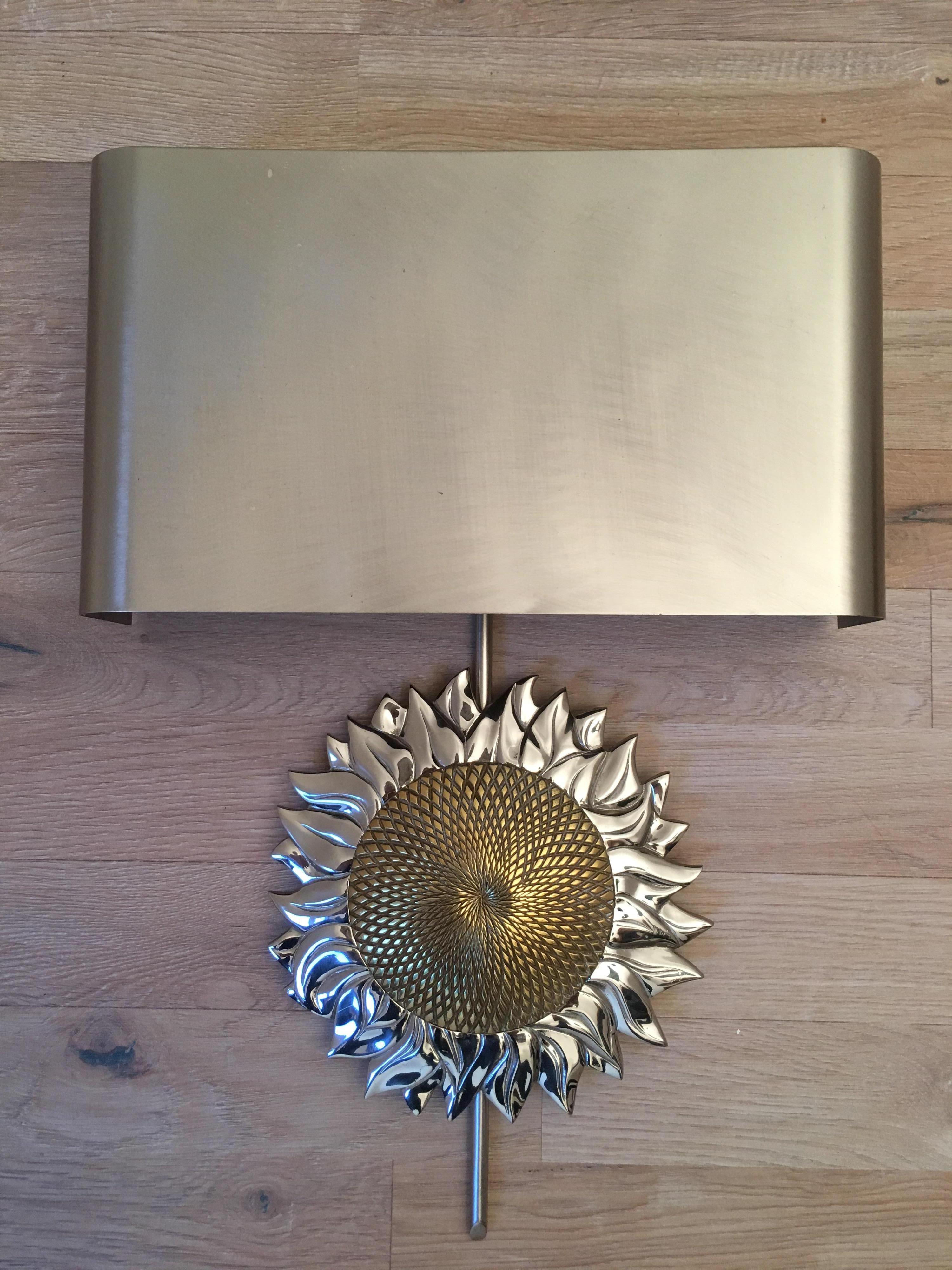 Mid-Century Modern Maison Charles French Gilt and Silvered Sunflower Sconces, Paris, 1970s, Signed