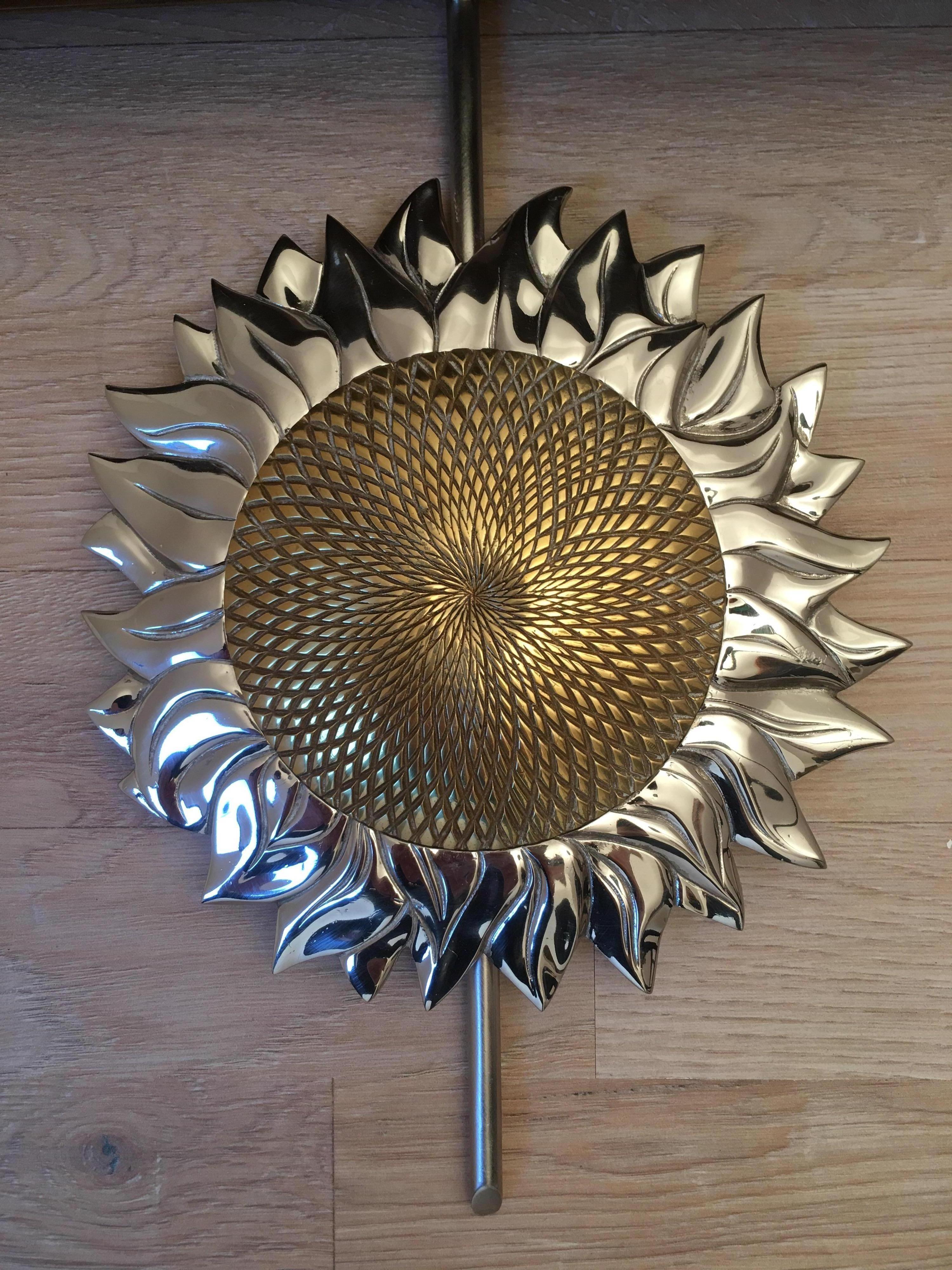 Late 20th Century Maison Charles French Gilt and Silvered Sunflower Sconces, Paris, 1970s, Signed
