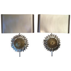 Maison Charles French Gilt and Silvered Sunflower Sconces, Paris, 1970s, Signed