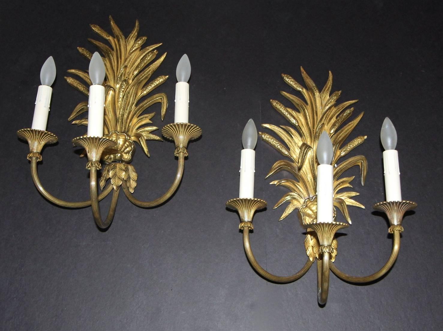 Maison Charles French Wheat Roseaux Gilt Bronze Wall Sconces 6