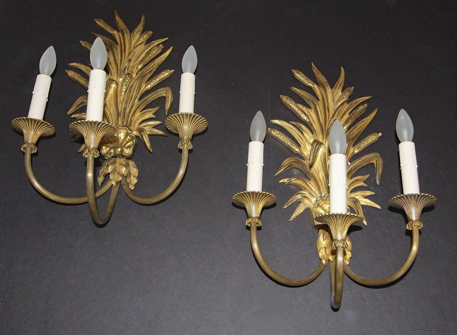 Maison Charles French Wheat Roseaux Gilt Bronze Wall Sconces 7