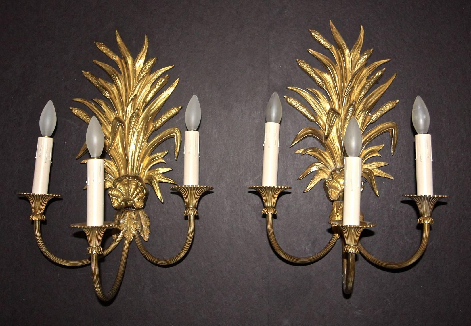 Maison Charles French Wheat Roseaux Gilt Bronze Wall Sconces 16