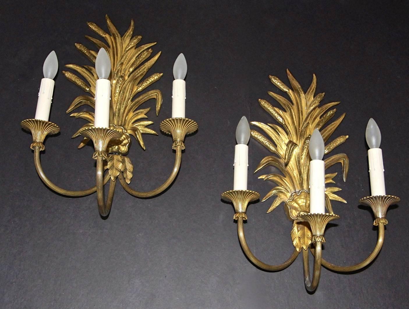 Mid-20th Century Maison Charles French Wheat Roseaux Gilt Bronze Wall Sconces