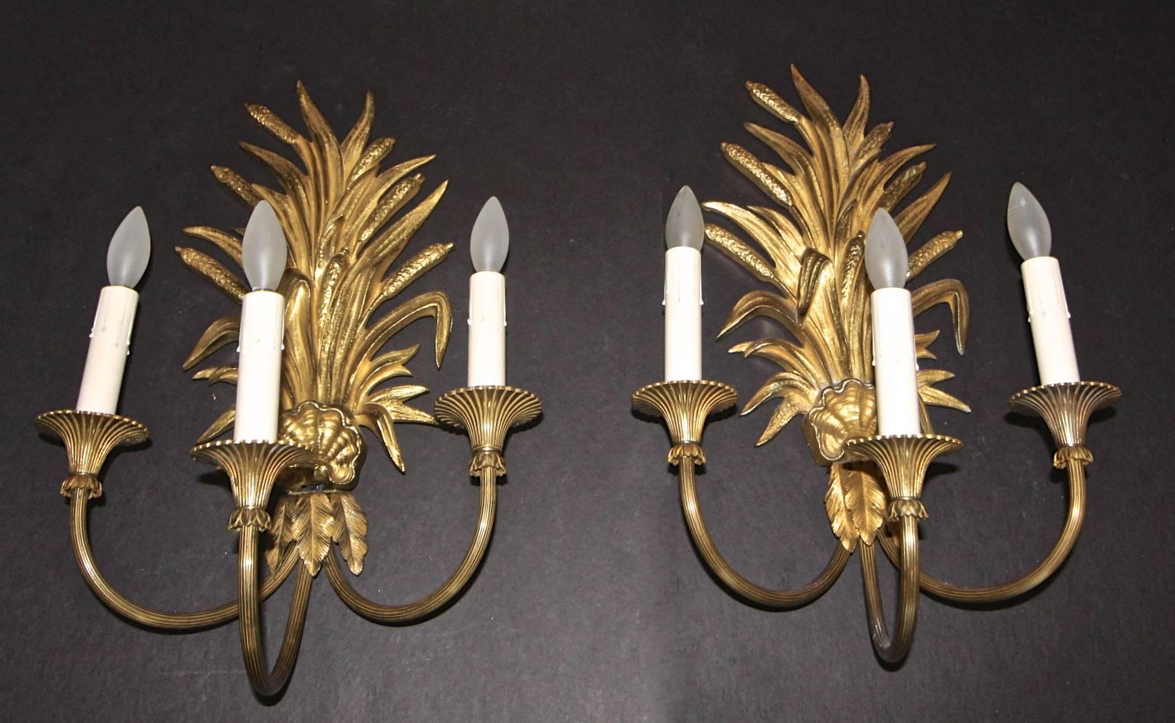 Maison Charles French Wheat Roseaux Gilt Bronze Wall Sconces 1