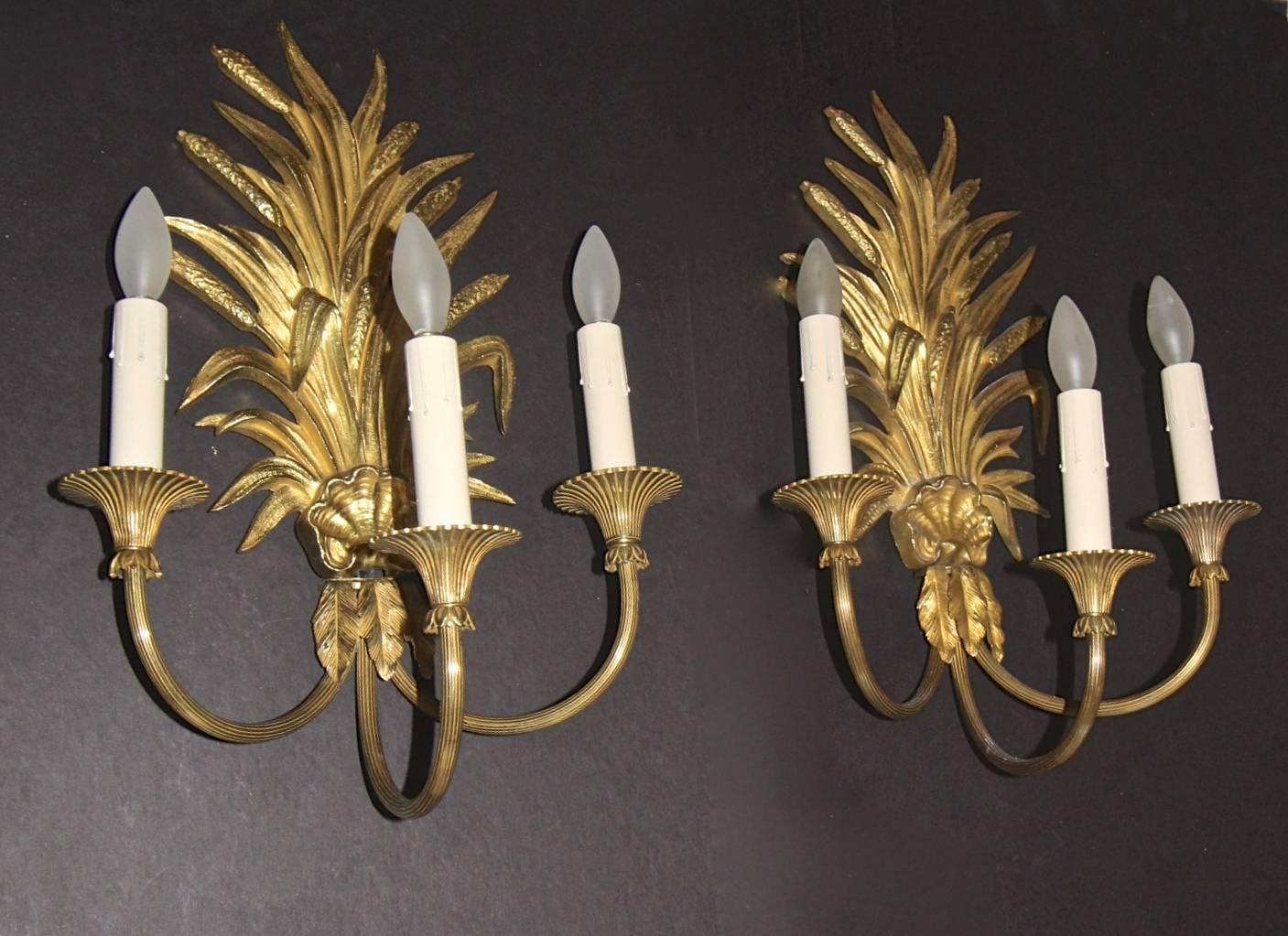 Maison Charles French Wheat Roseaux Gilt Bronze Wall Sconces 2