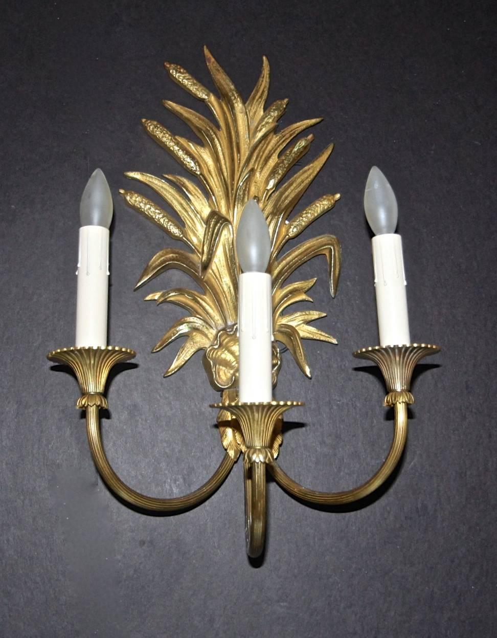 Maison Charles French Wheat Roseaux Gilt Bronze Wall Sconces 3