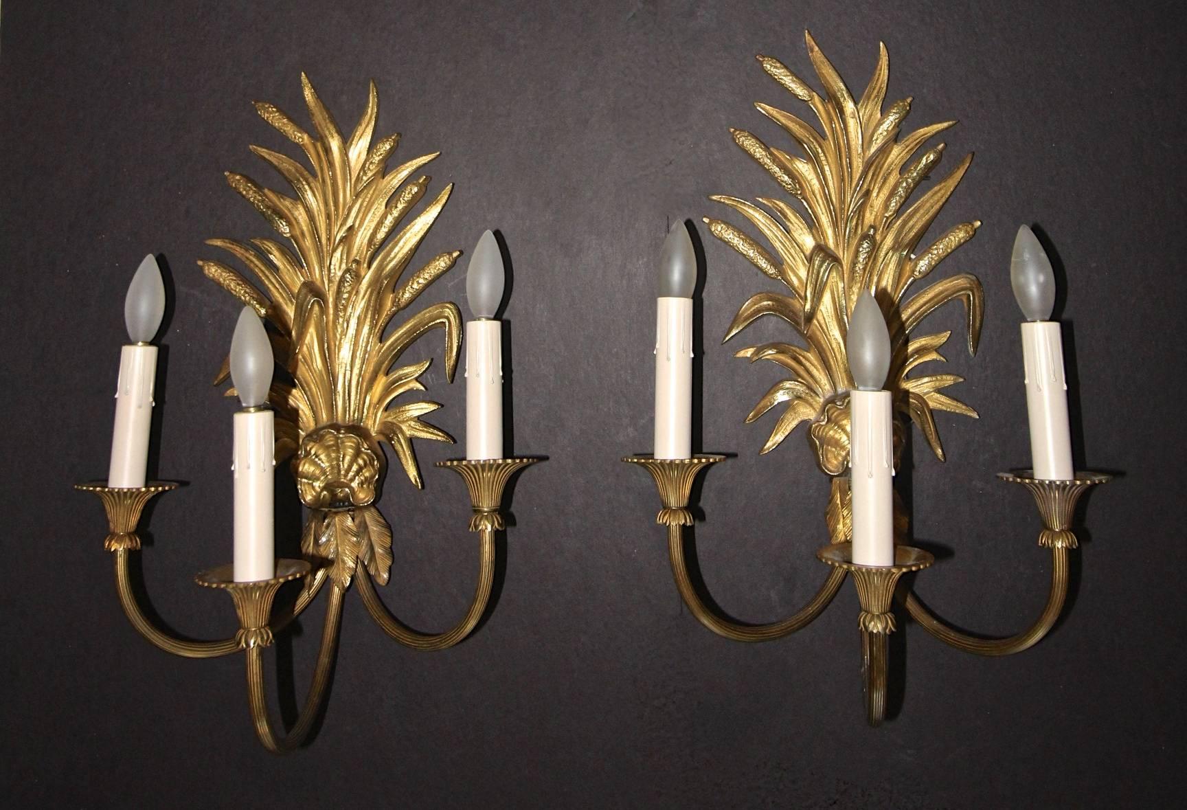 Maison Charles French Wheat Roseaux Gilt Bronze Wall Sconces 4
