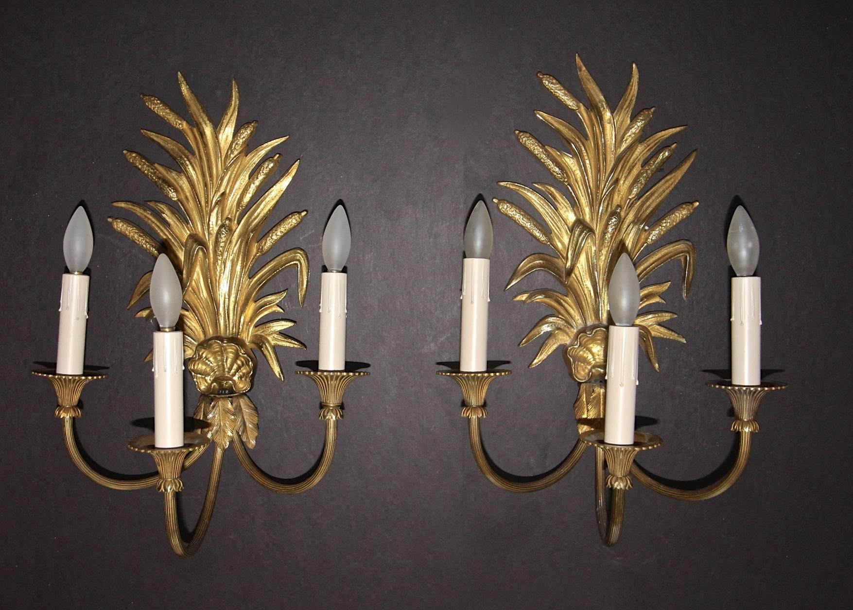 Maison Charles French Wheat Roseaux Gilt Bronze Wall Sconces 5