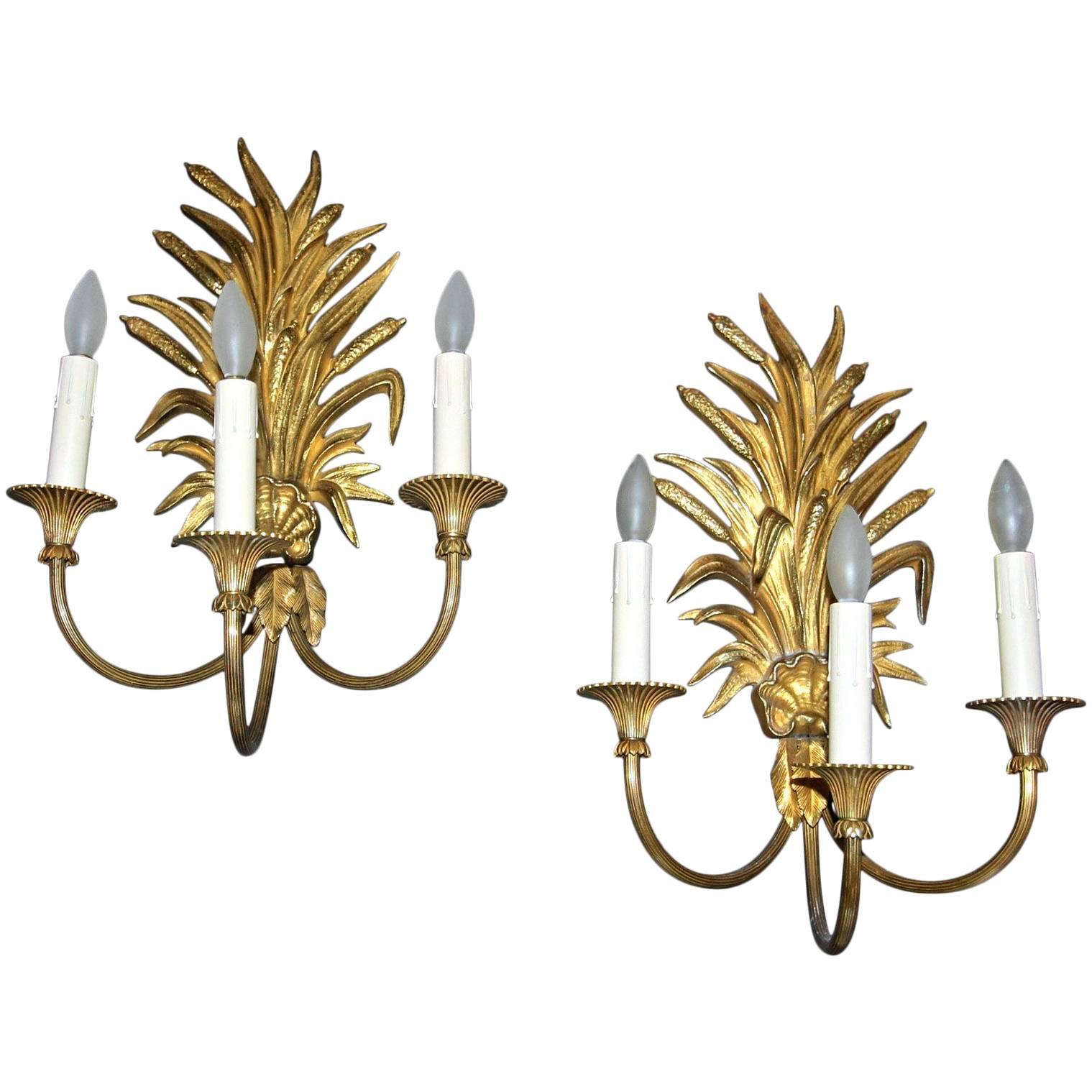 Maison Charles French Wheat Roseaux Gilt Bronze Wall Sconces