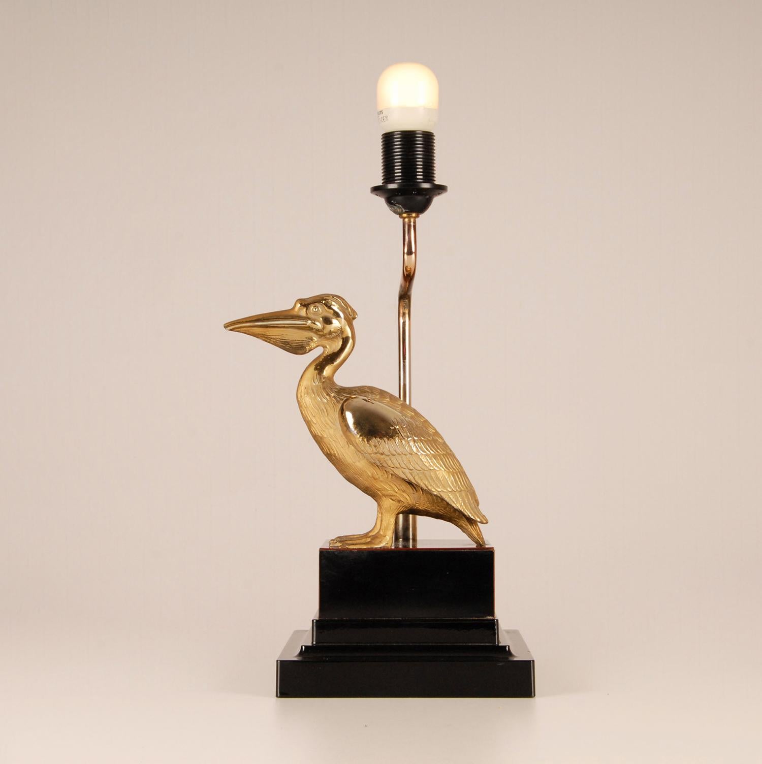 Mid-Century Modern Maison Charles Gilt Brass Black Figural Table Lamp Pelican 1970s Mid Century