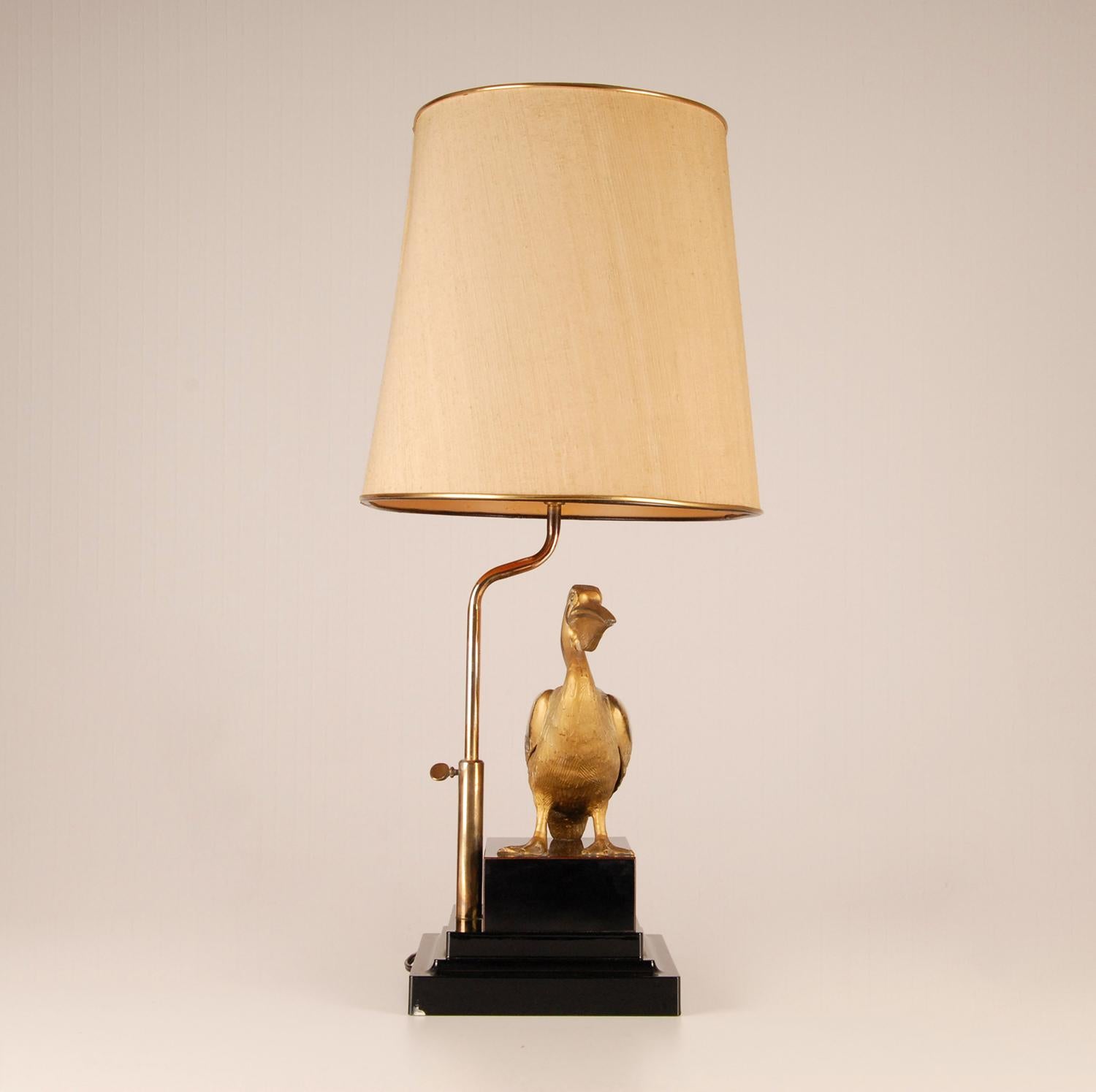 French Maison Charles Gilt Brass Black Figural Table Lamp Pelican 1970s Mid Century