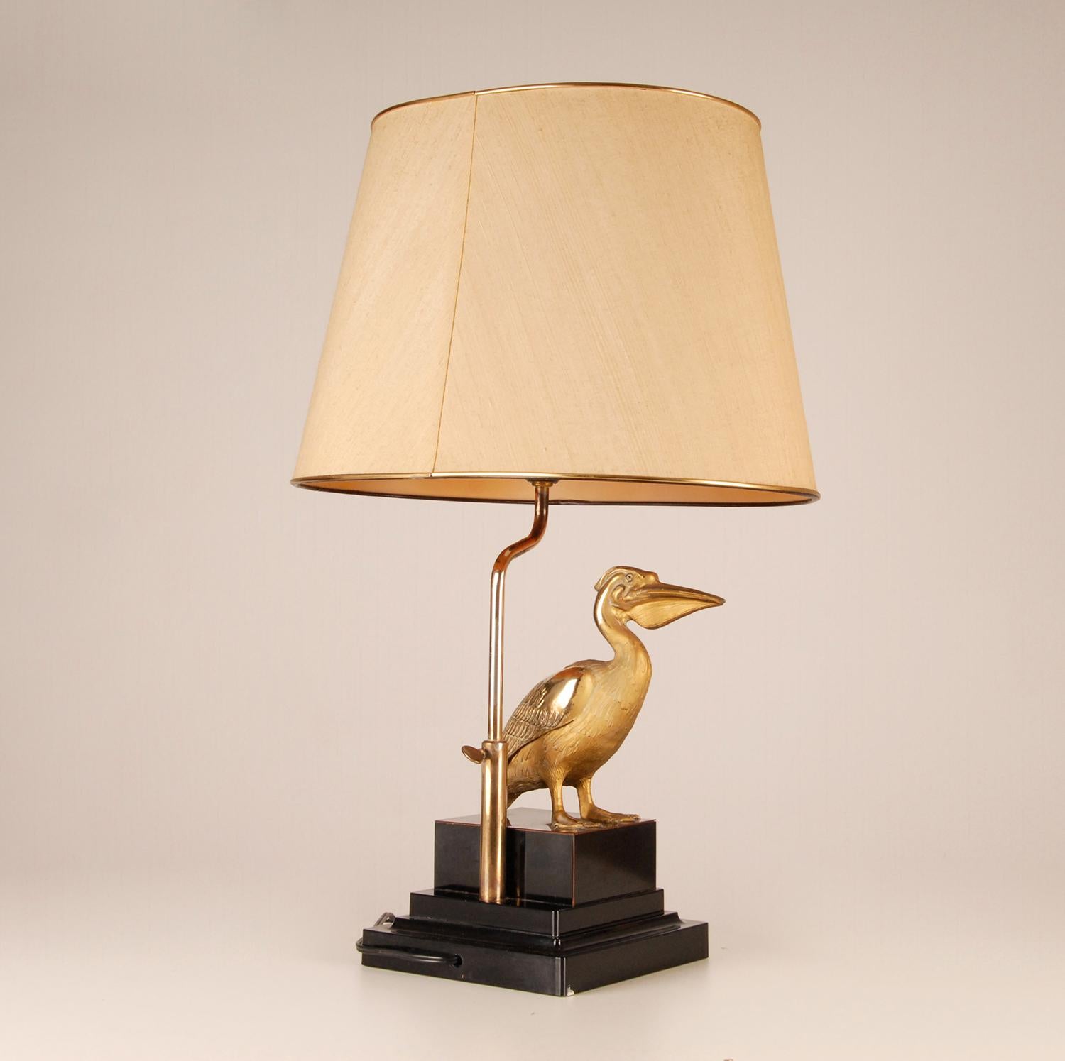 Cast Maison Charles Gilt Brass Black Figural Table Lamp Pelican 1970s Mid Century