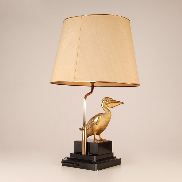 Maison Charles Gilt Brass Black Figural Table Lamp Pelican 1970s Mid ...