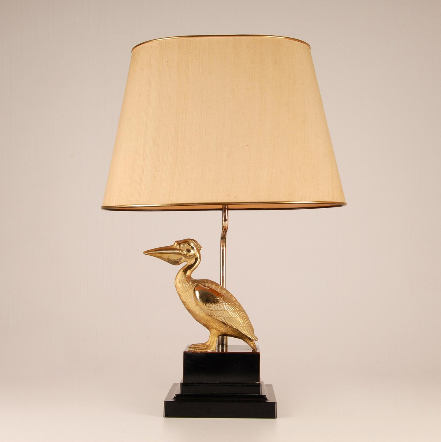 Late 20th Century Maison Charles Gilt Brass Black Figural Table Lamp Pelican 1970s Mid Century