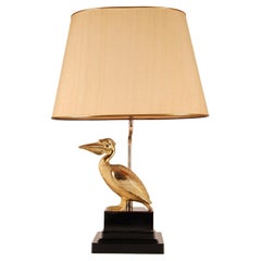 Maison Charles Gilt Brass Black Figural Table Lamp Pelican 1970s Mid Century