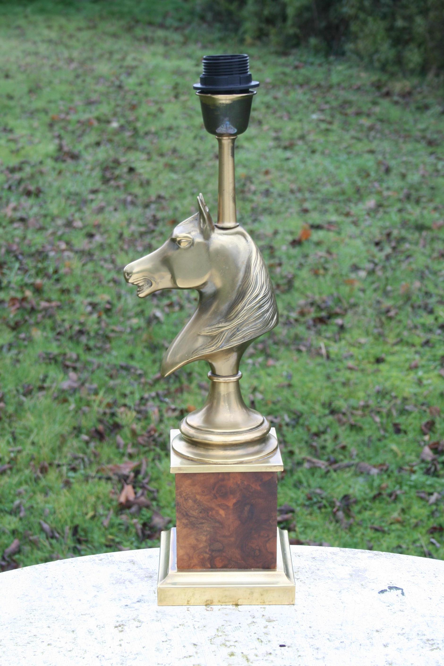French brass and burr walnut lamp in style of chess piece hose head, piece is not signed.