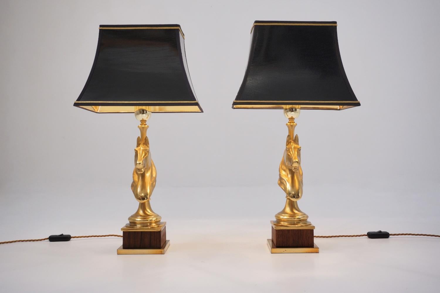 Maison Charles Horse Lamps Pair of Brass and Wood, circa 1970s, French For Sale 5