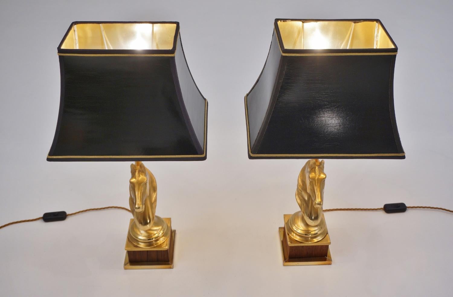 Maison Charles Horse Lamps Pair of Brass and Wood, circa 1970s, French For Sale 8