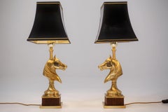 Maison Charles Horse Lamps Pair of Brass and Wood, circa 1970s, French