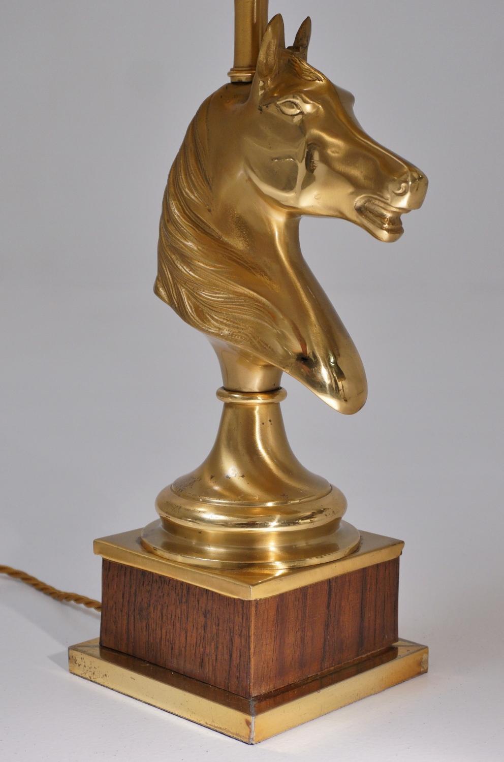 Hollywood Regency Maison Charles Horse Lamps Pair of Brass and Wood, circa 1970s, French For Sale