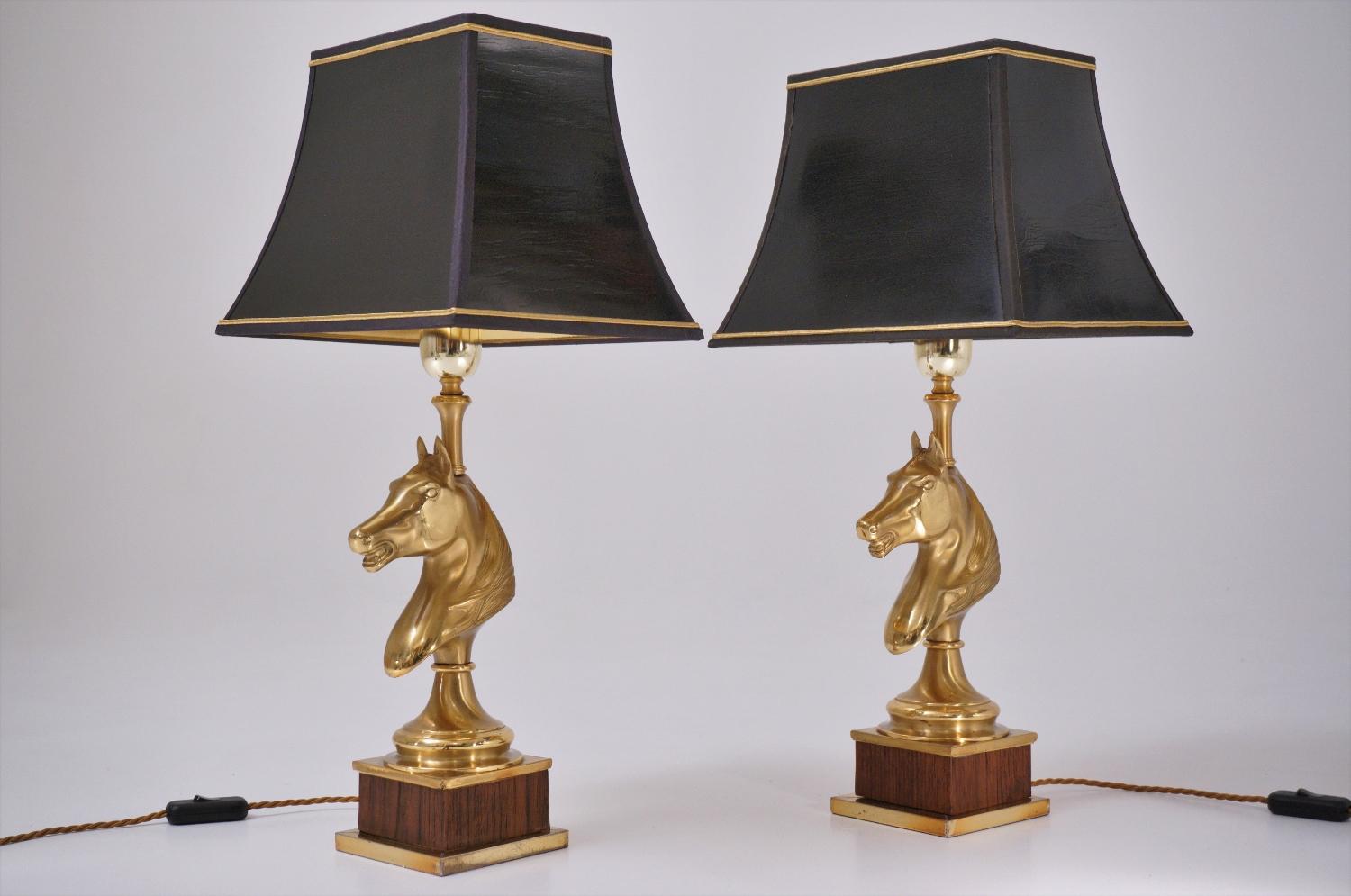 Late 20th Century Maison Charles Horse Lamps Pair of Brass and Wood, circa 1970s, French For Sale