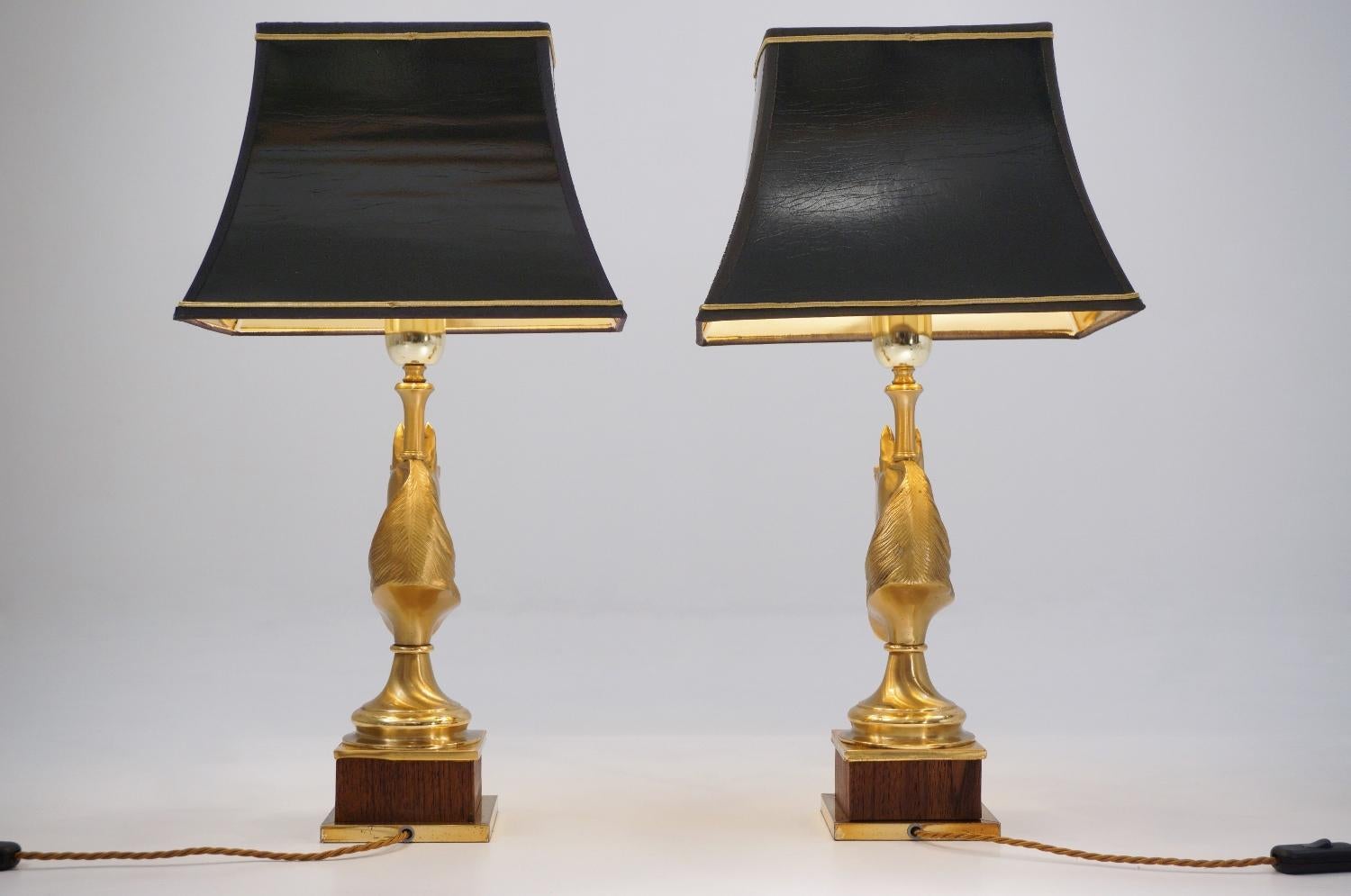 Maison Charles Horse Lamps Pair of Brass and Wood, circa 1970s, French For Sale 1